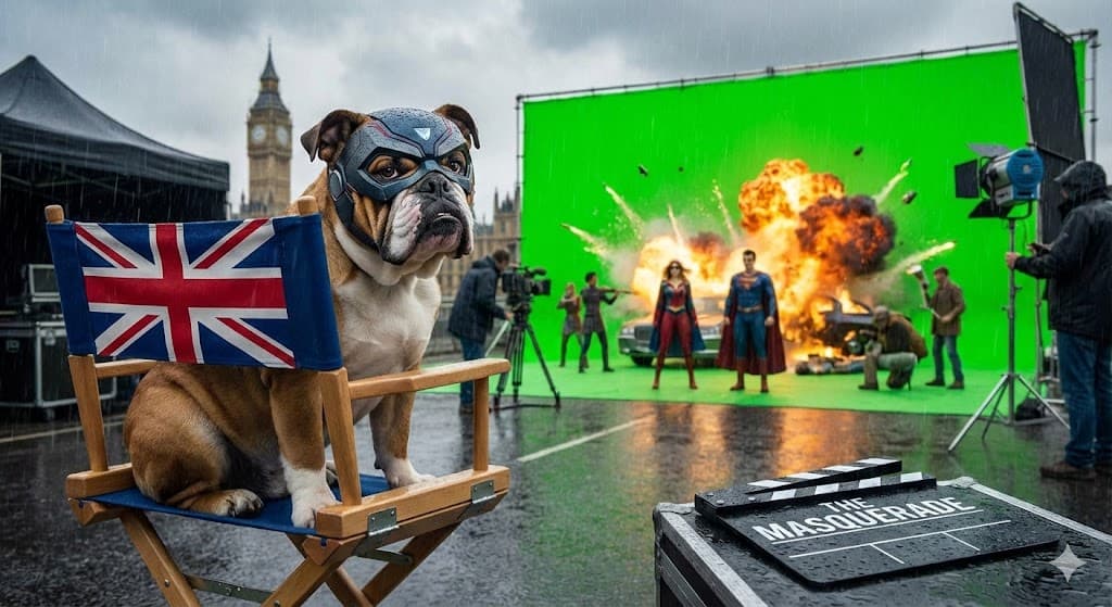 An AI-generated image of an English bulldog wearing a superhero mask, seated in a Union Jack director's chair on a rain-soaked London set, with Big Ben visible behind it. In the background, actors in superhero costumes pose in front of a green screen showing an explosion. A clapperboard reading "The Masquerade" sits in the foreground.